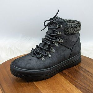 Seven Dials Zenna Ankle Boots 10 M Black Faux Leather Fur Trimmed Lace Up Combat